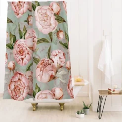 UtArt Peach Peonies Watercolor Pattern On Teal Sepia Shower Curtain - Deny Designs