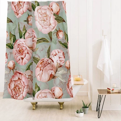 UtArt Peach Peonies Watercolor Pattern On Teal Sepia Shower Curtain - Deny Designs 3 UtArt Peach Peonies Watercolor Pattern On Teal Sepia Shower Curtain - Deny Designs
