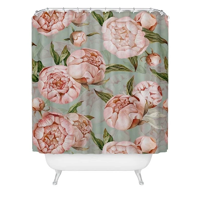 UtArt Peach Peonies Watercolor Pattern On Teal Sepia Shower Curtain - Deny Designs 4 UtArt Peach Peonies Watercolor Pattern On Teal Sepia Shower Curtain - Deny Designs - Image 2