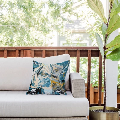 16"x16" Deny Designs Alyssa Hamilton Art Tide Outdoor Throw Pillow Blue/Yellow: Abstract Design, Polyester Fill, Square Shape 3 16"x16" Deny Designs Alyssa Hamilton Art Tide Outdoor Throw Pillow Blue/Yellow: Abstract Design, Polyester Fill, Square Shape